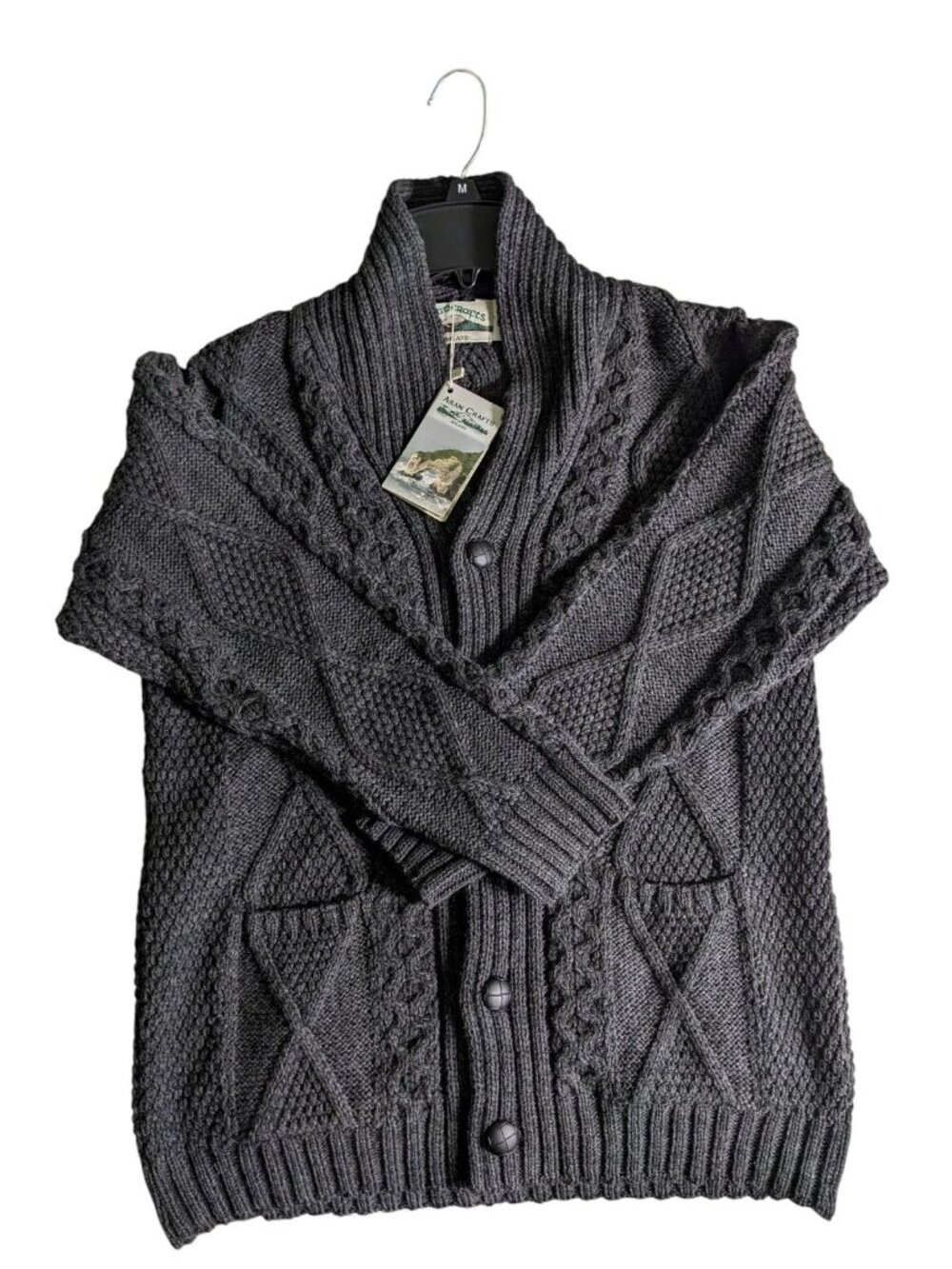 Aran Crafts Shaw Collar Button Cardigan Merino Wool Chunky Knit Fisherman Medium